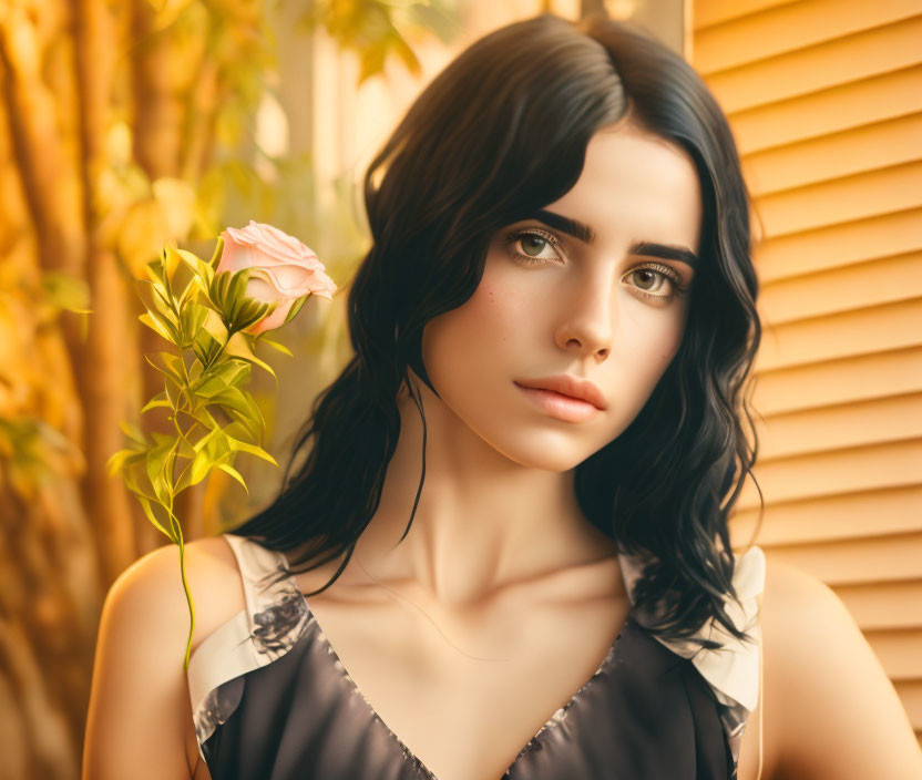 Dark-haired woman holding pale pink rose near sunlit window