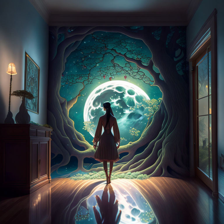 Surreal moonlit ocean mural with glowing jellyfish in dimly lit room