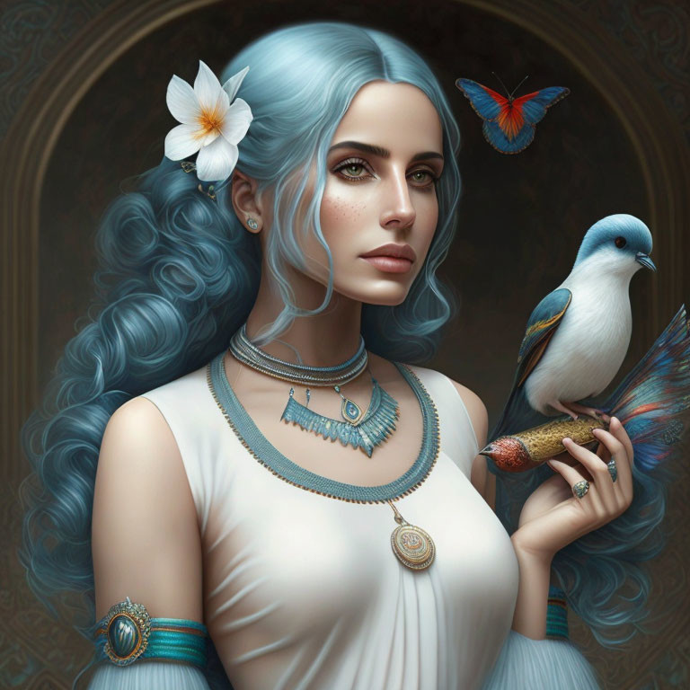 Blue-haired woman with flower, bird, butterfly, and jewelry portrait.