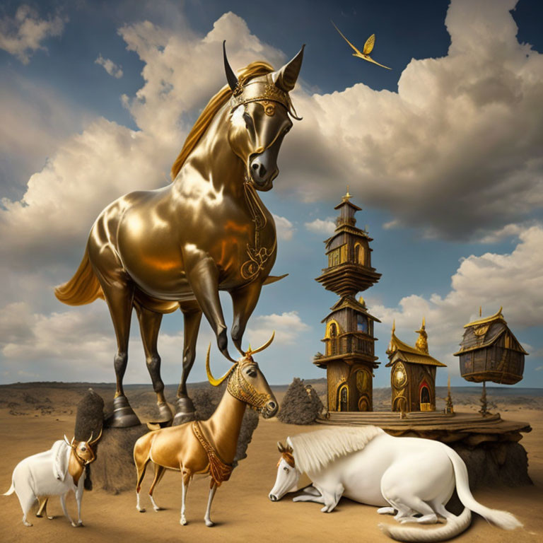 Golden horse among whimsical buildings and smaller equines under cloudy sky