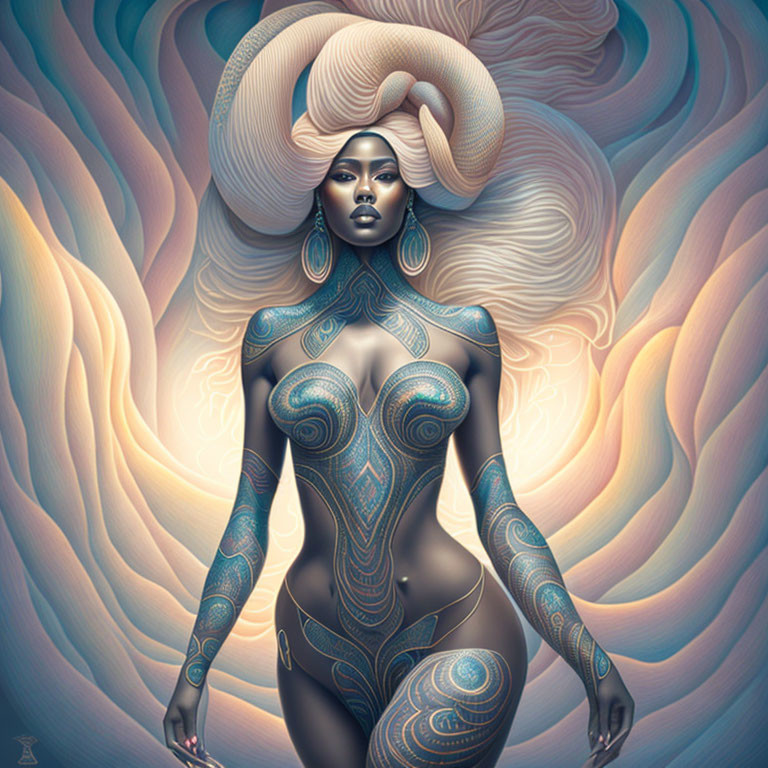 Stylized digital artwork of ethereal woman with intricate blue body patterns