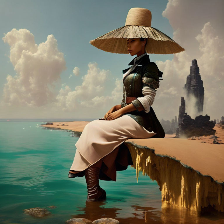 Futuristic woman in wide-brimmed hat gazes at serene beach landscape