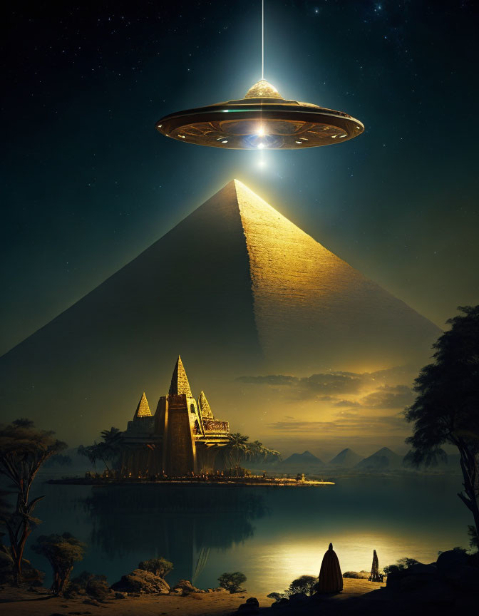 UFO hovering above illuminated pyramid at night