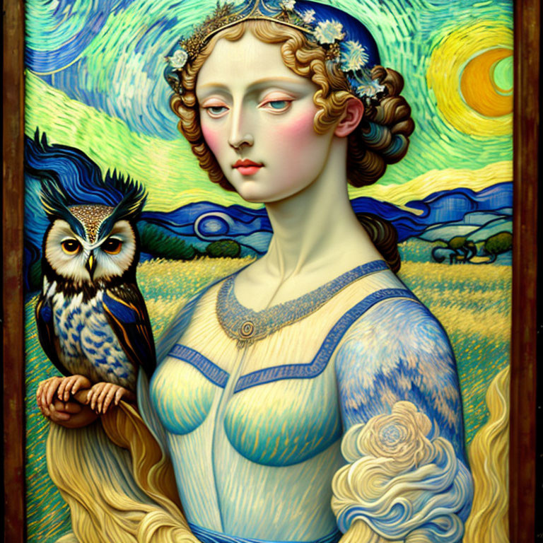 Stylized painting of a woman with flowing hair and owl on arm in Van Gogh style