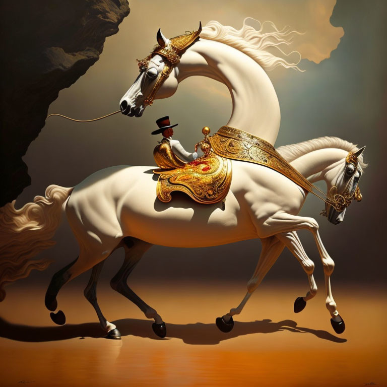 Fantastical digital art: person in top hat riding white horse with golden tack