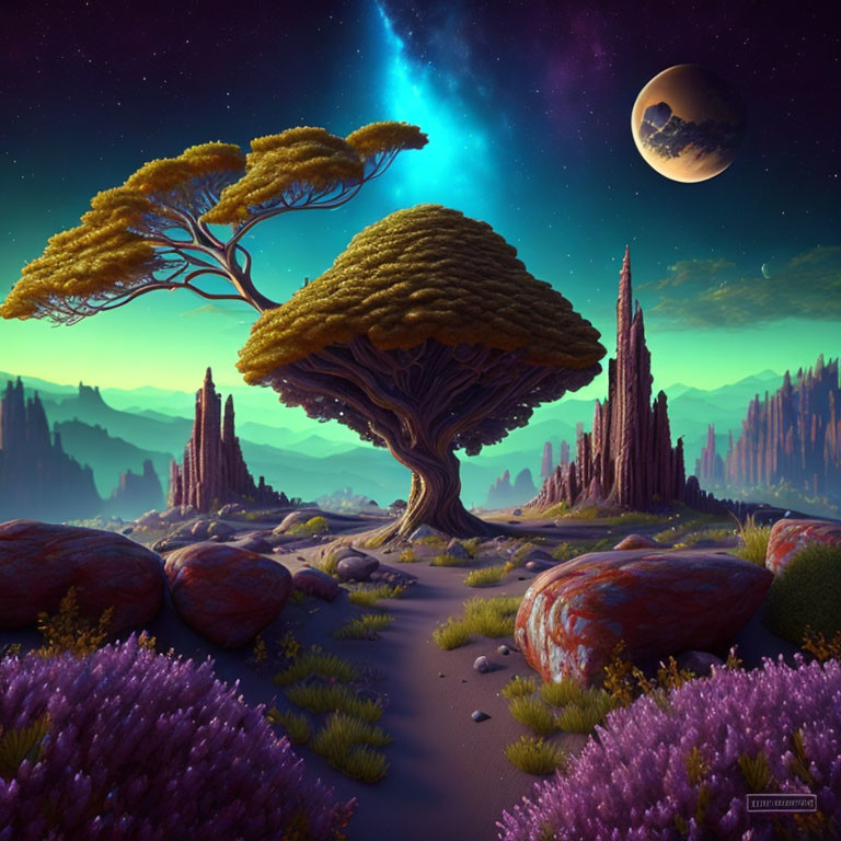 Vibrant purple flora, colossal rocks, oversized tree in fantastical night landscape