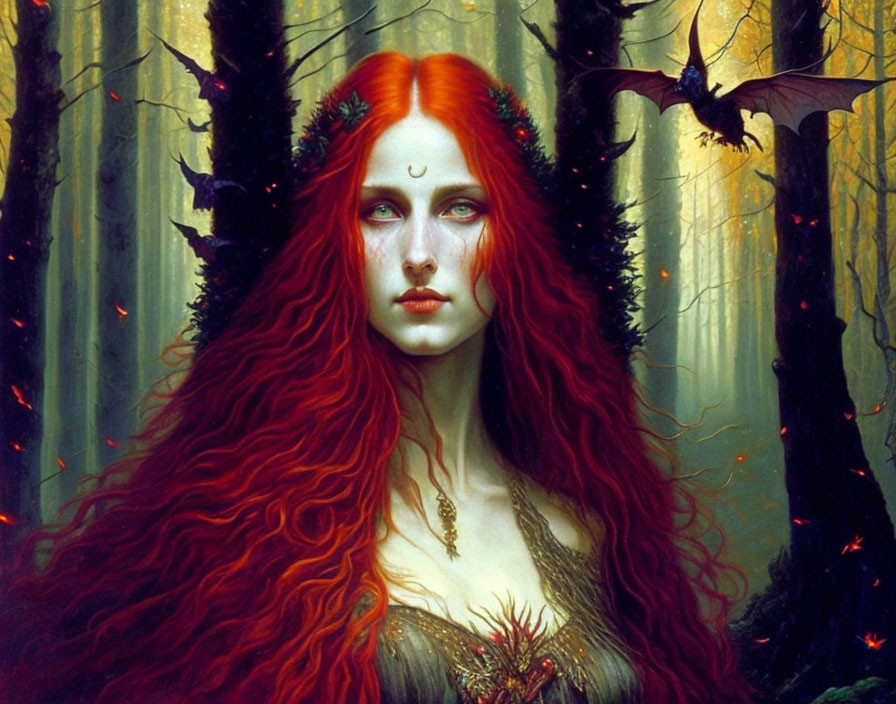 Redhead with Green Eyes in Forest Leaves Among Butterflies