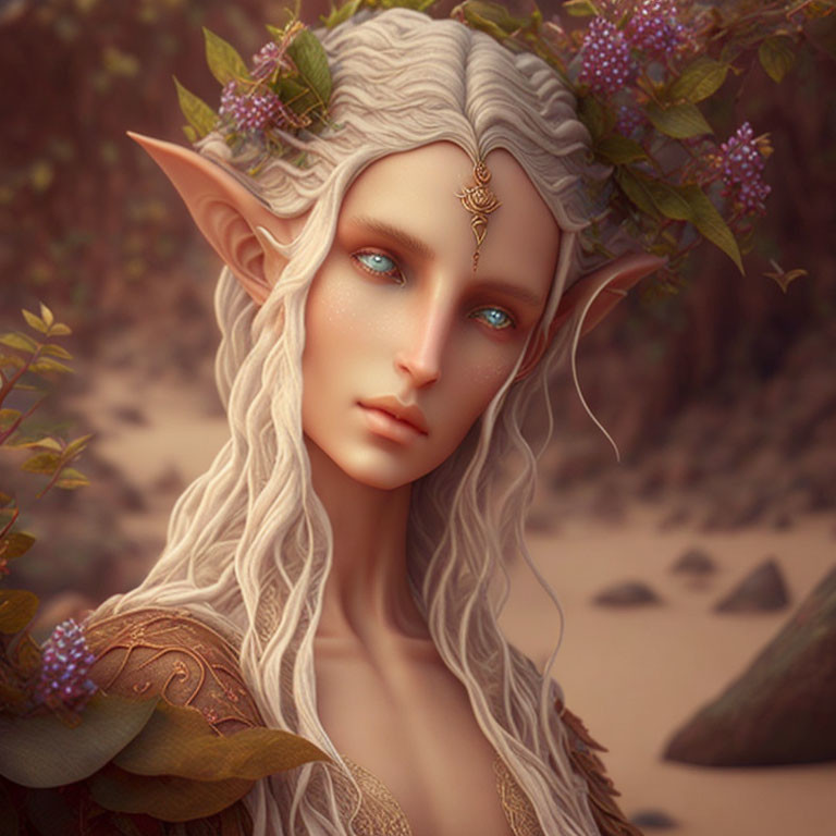 Fantasy elf portrait with blue eyes, gold jewelry, sharp ears, and white hair in woodland setting