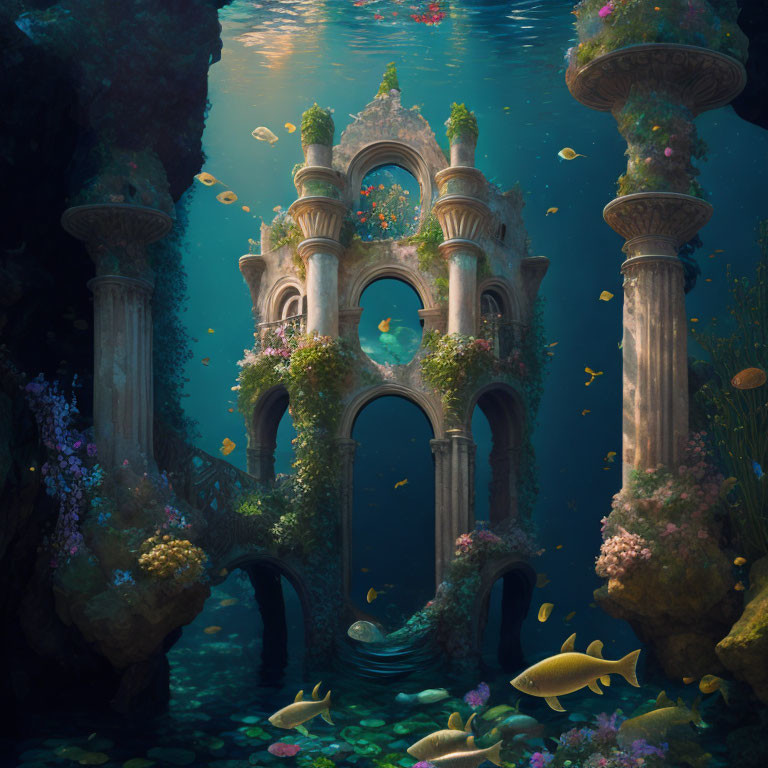 Mystical underwater castle surrounded by coral and fish