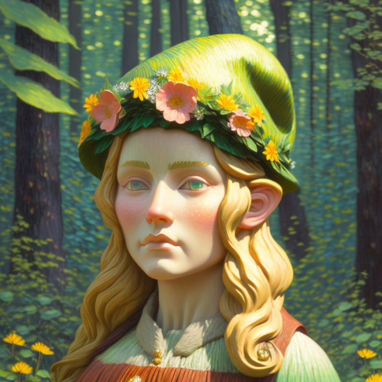 Digital art portrait of female character with elf-like ears in green headdress with flowers, forest background