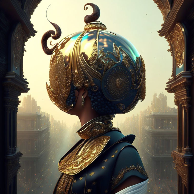 Futuristic female figure in golden headgear against regal architecture