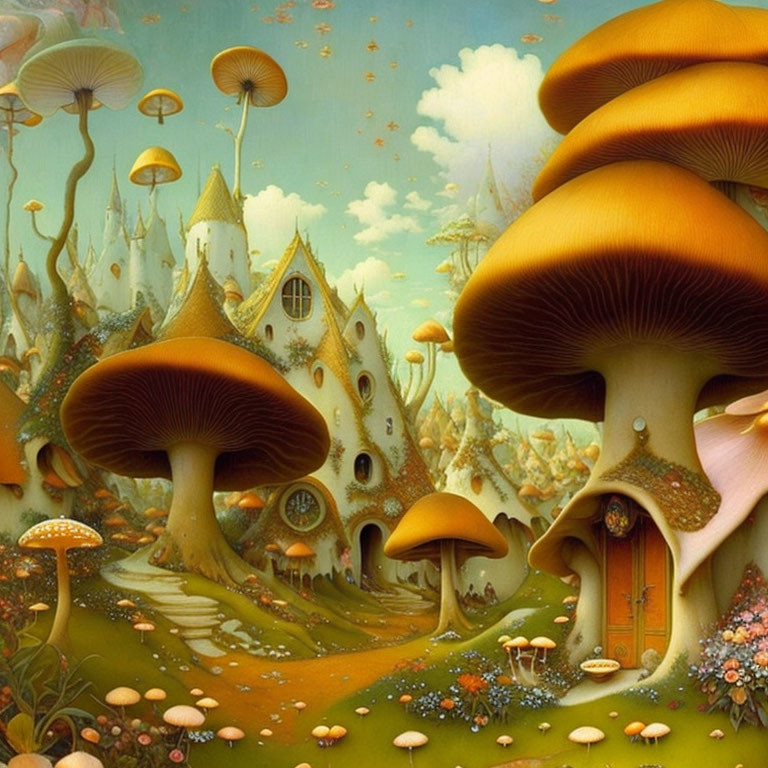 Enchanted forest with oversized mushrooms and whimsical houses