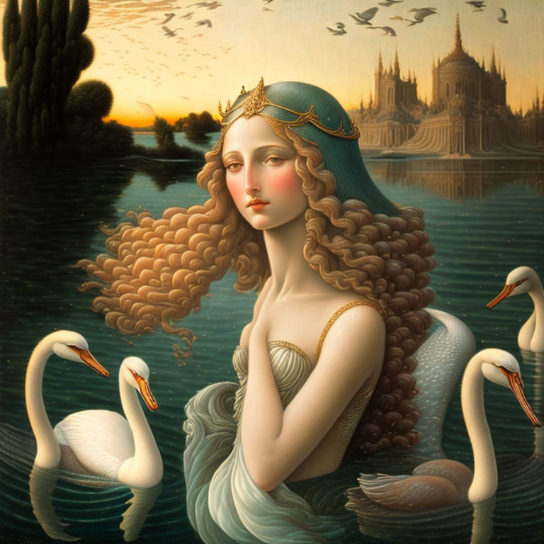 Fantasy queen with wavy hair, crown, swans, sunset, castles