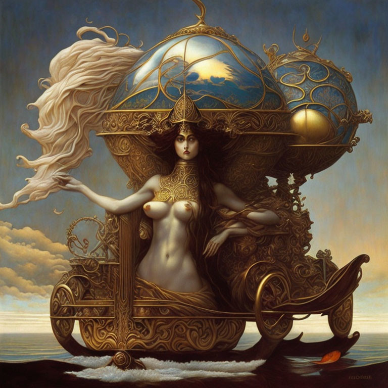 Ethereal woman with adorned hair on golden vehicle above sea