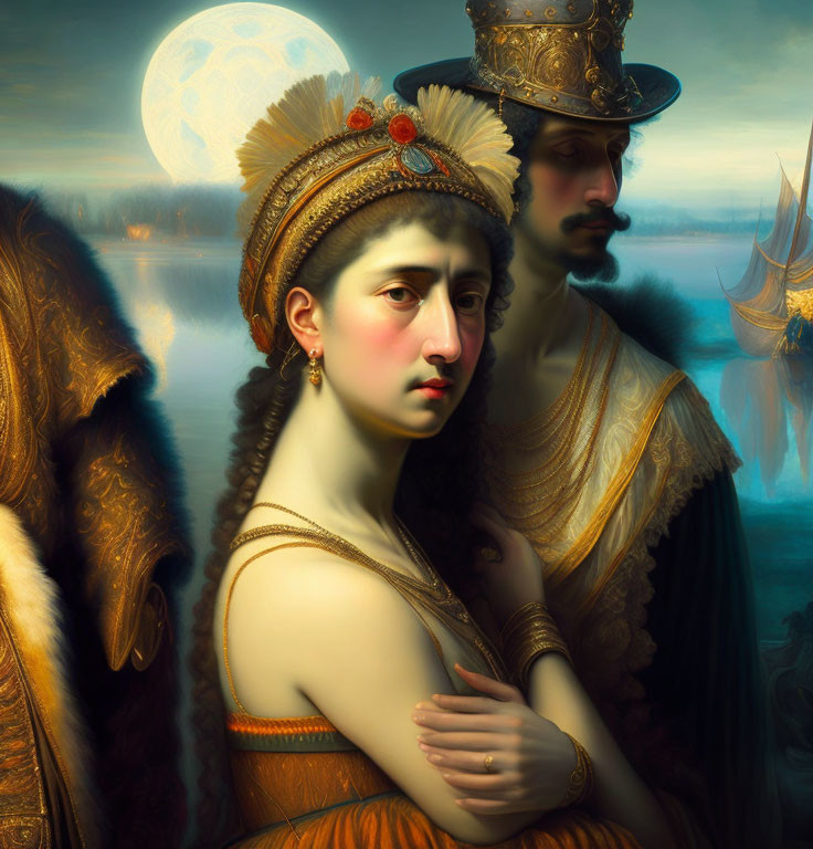 Historical painting of woman in feathered headdress with man in hat against moonlit naval scene