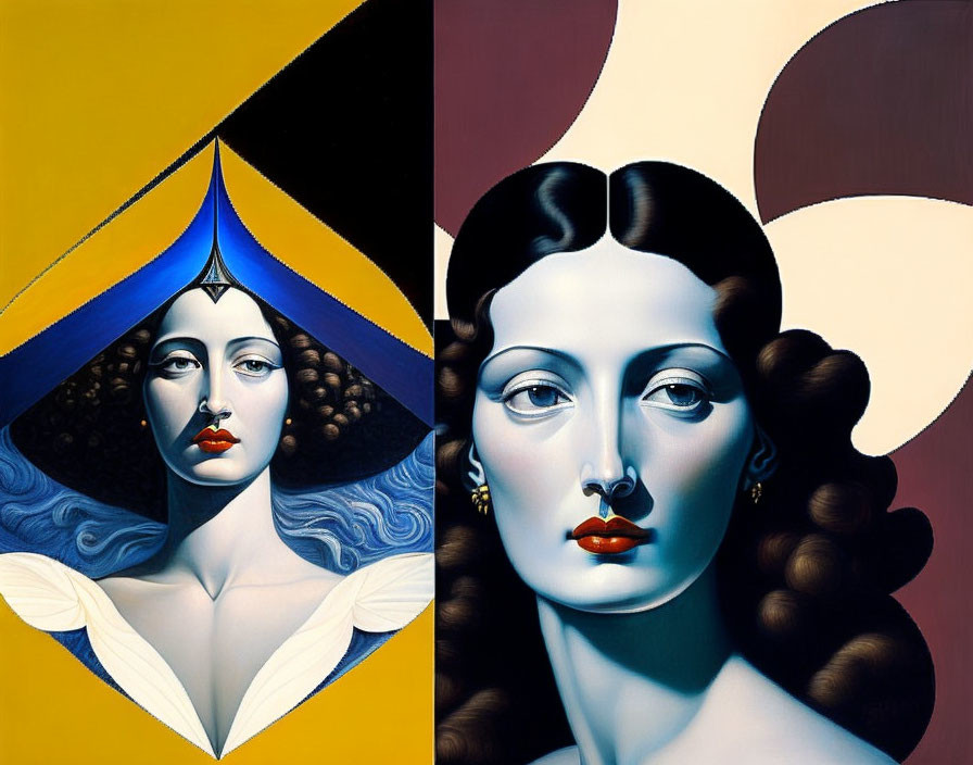 Surreal artwork: Two stylized portraits of a woman with exaggerated proportions