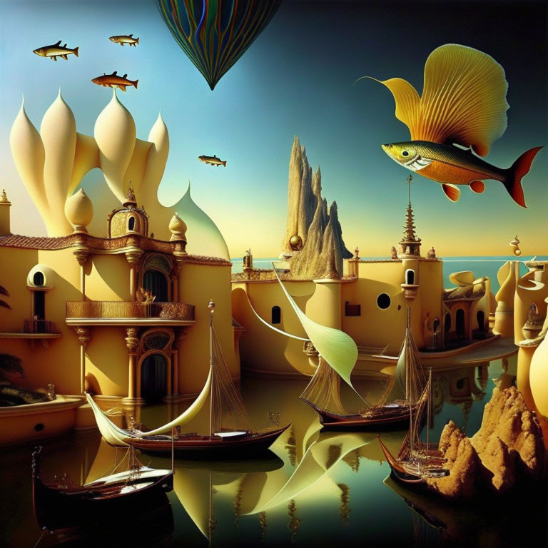 Surreal landscape featuring floating fish, desert architecture, boats, and hot air balloons