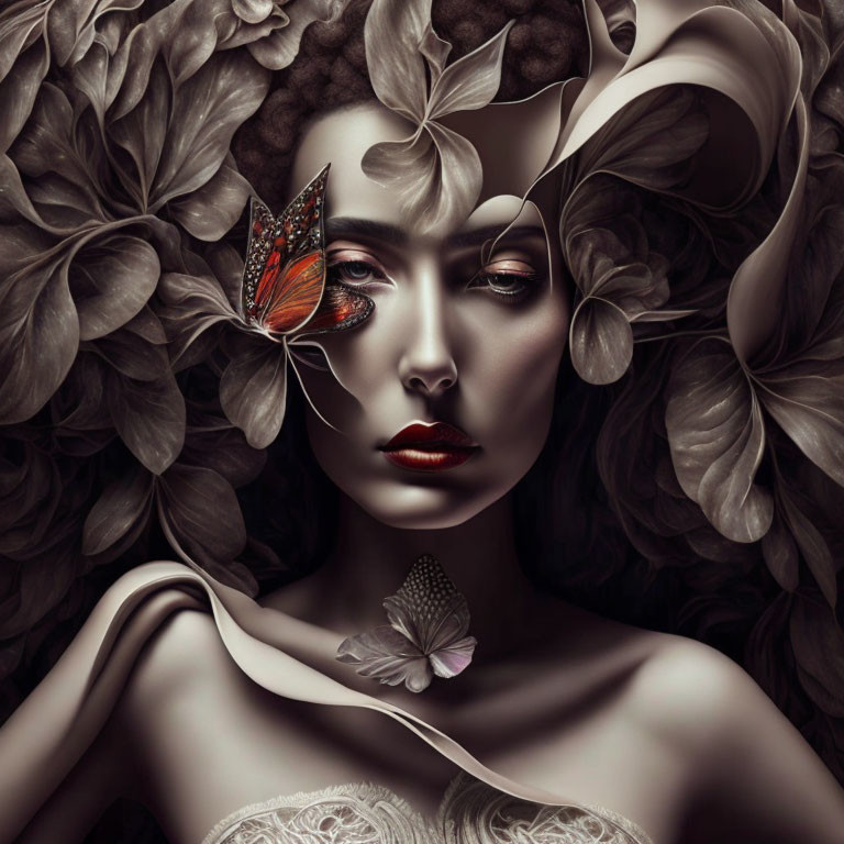 Woman with Leafy Hair and Butterflies in Surreal Portrait