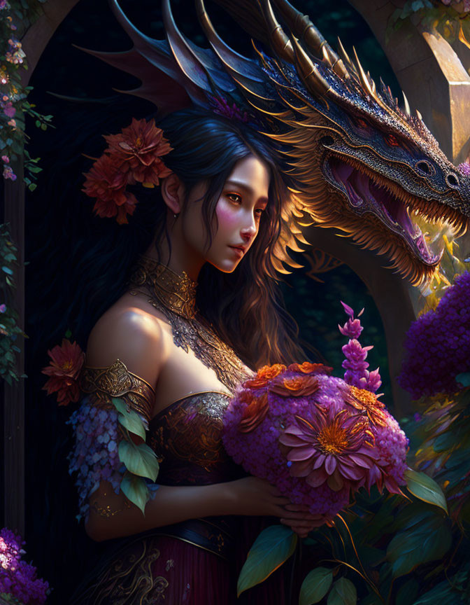 Woman in mystical forest with dragon and vibrant flowers in serene setting