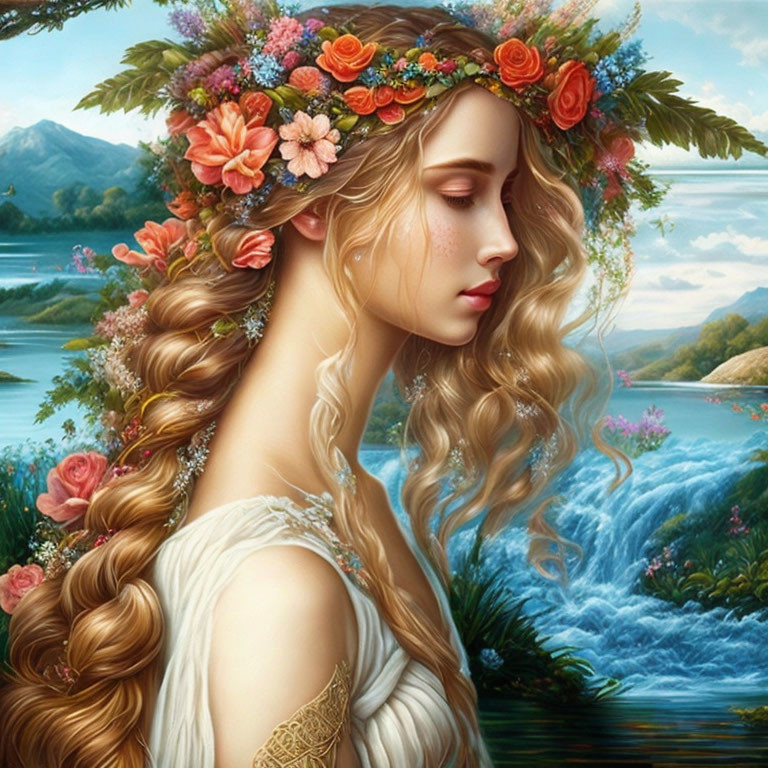 Woman with floral crown and flowing hair in serene landscape