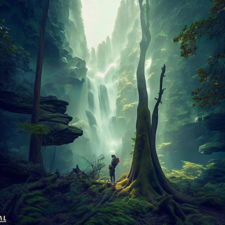 Hiker admiring majestic waterfall in lush forest