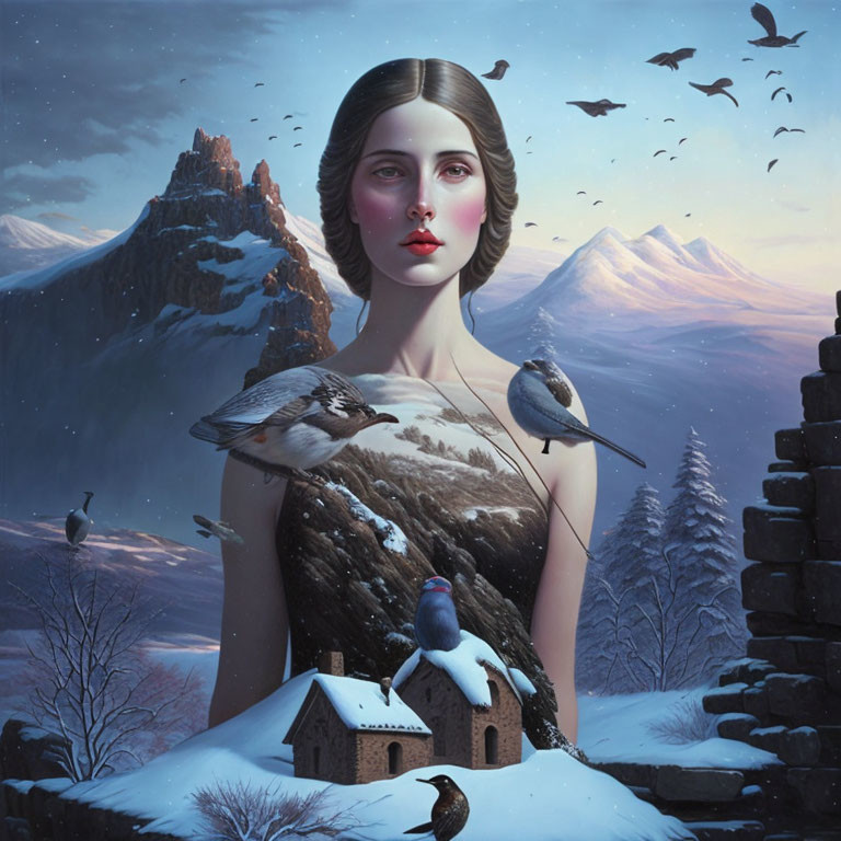 Portrait of a woman merging with wintry landscape and birds, mountains, house, snow-covered trees