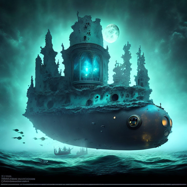 Gothic-style submarine in moonlit ocean under greenish night sky