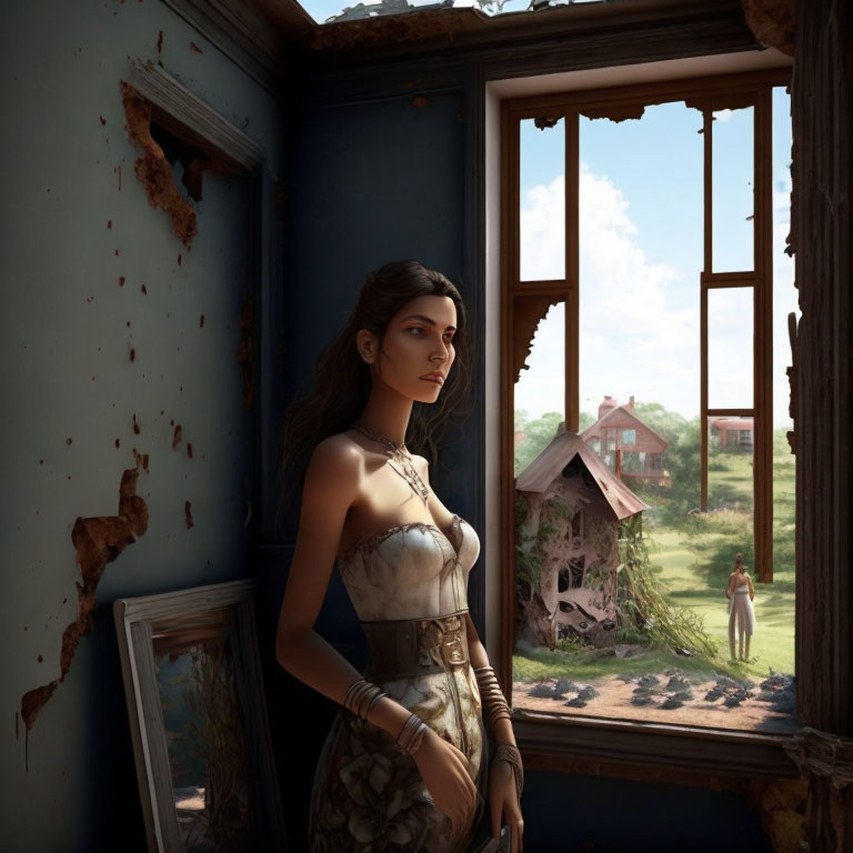 Woman in white dress by broken window gazes at pastoral scene