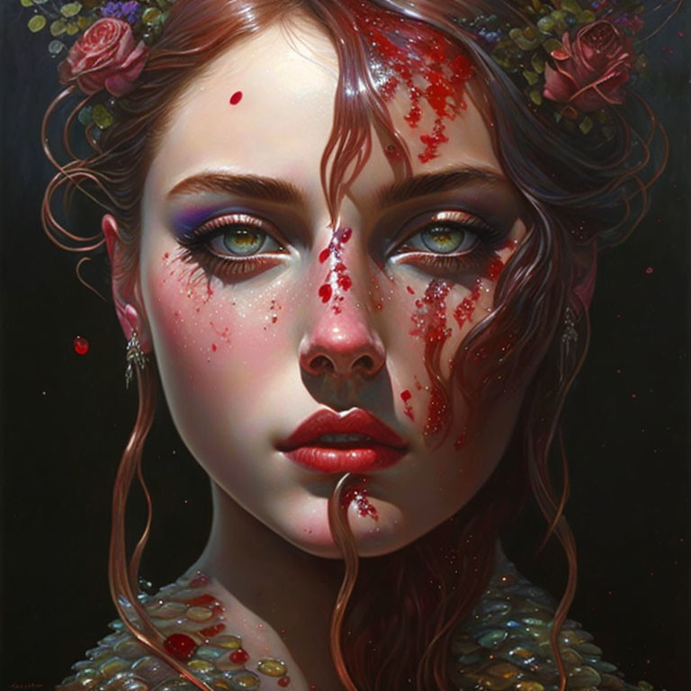 Digital artwork: Woman with flower hair, red paint splatter, blue eyes