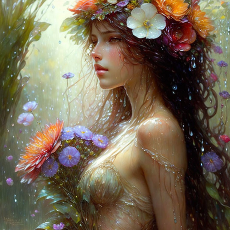 Colorful Flower Crown Adorns Woman in Ethereal Digital Painting