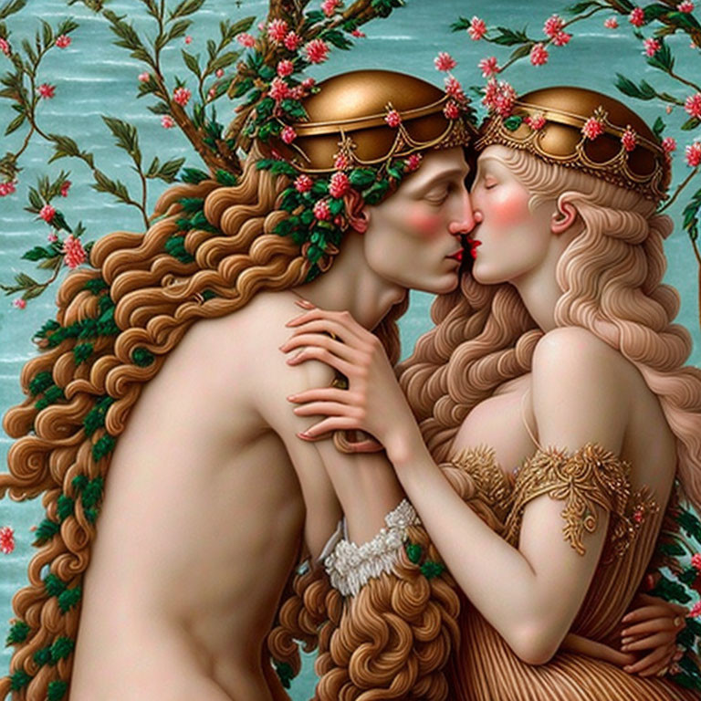 Intricately detailed figures with floral crowns kissing in nature