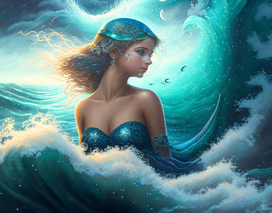 Glittering Mermaid with Intricate Headdress in Ocean Scene