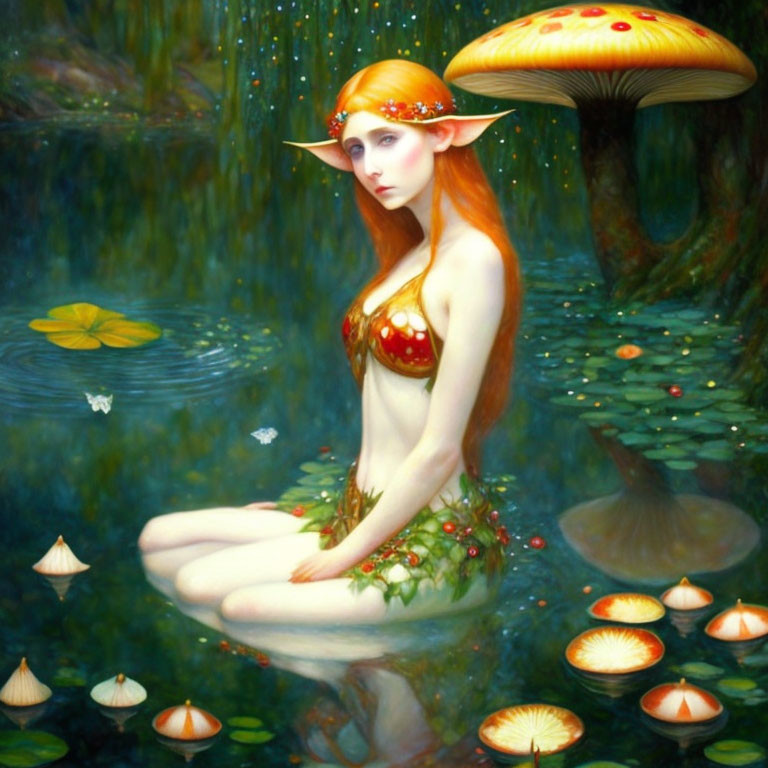 Female elf in nature-inspired attire by pond