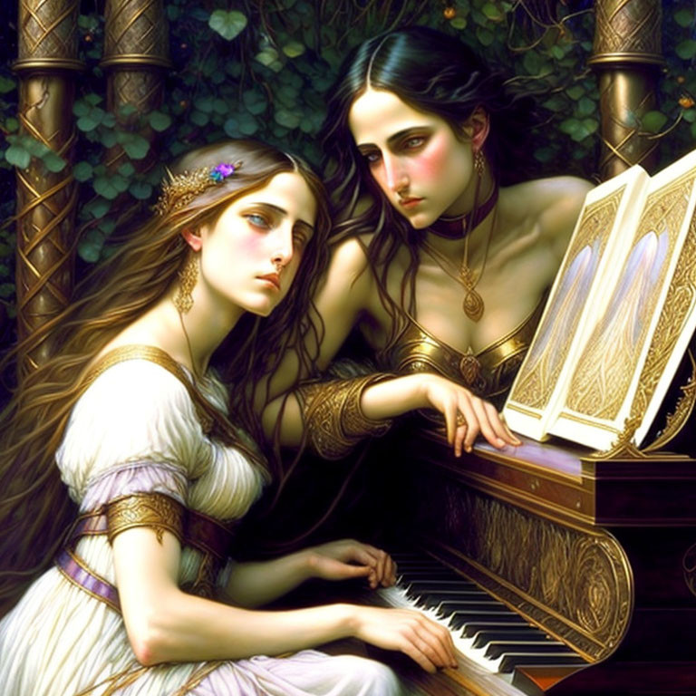 Two women in lush garden: one playing piano, the other reading book. Serene and contemplative