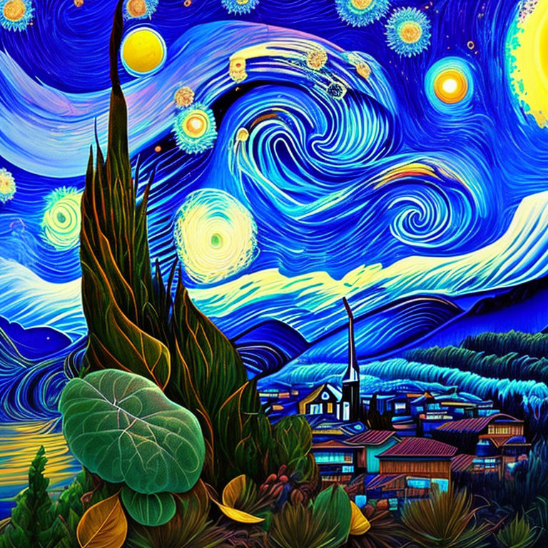 Colorful Swirling Skies and Bright Stars Over Quaint Village