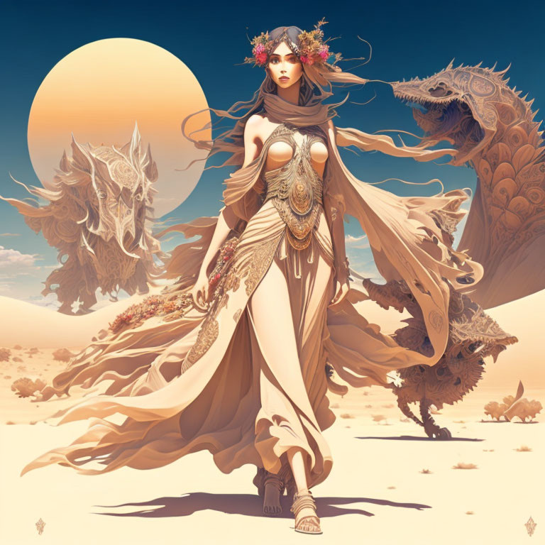 Majestic woman with floral crown in desert with dragons and sun