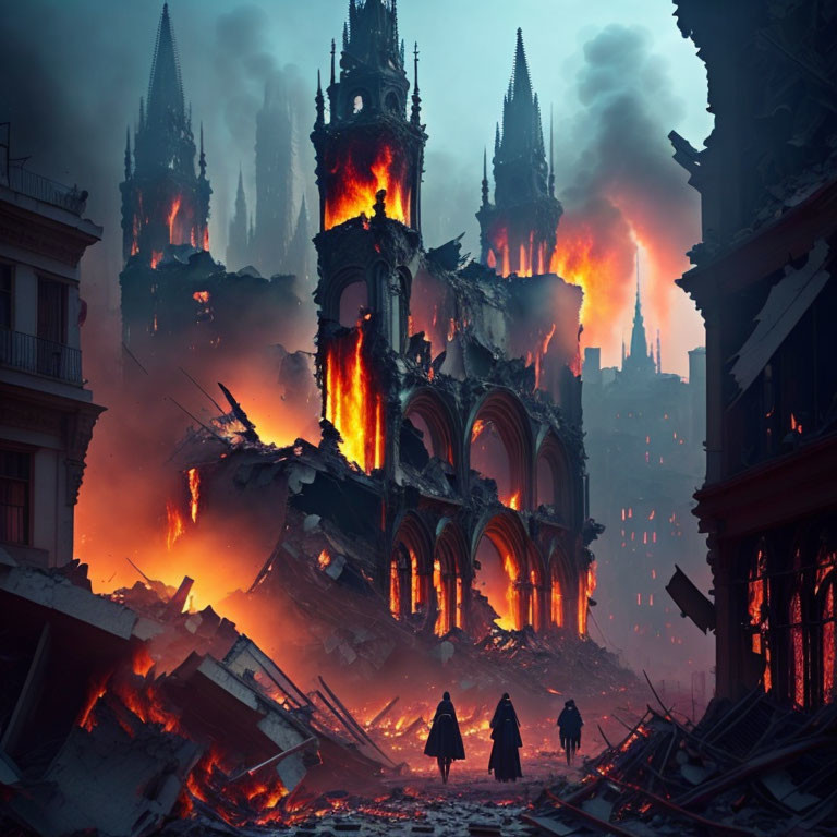 Silhouetted figures in front of burning gothic cathedral amidst apocalyptic destruction