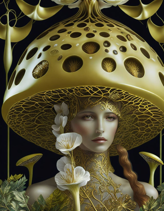 Ethereal woman with golden mushroom headdress and intricate patterns