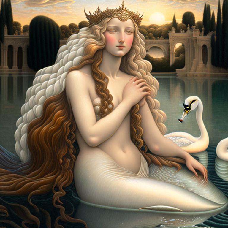 Surreal illustration of ethereal woman with swan features by tranquil lake