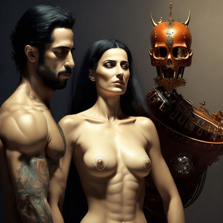 Fantasy digital illustration of stylized man and woman with golden skull and ship headdress.