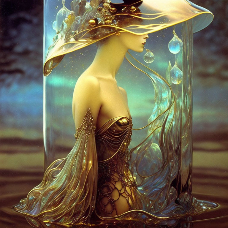 Stylized artwork of female figure in golden garments with floral elements