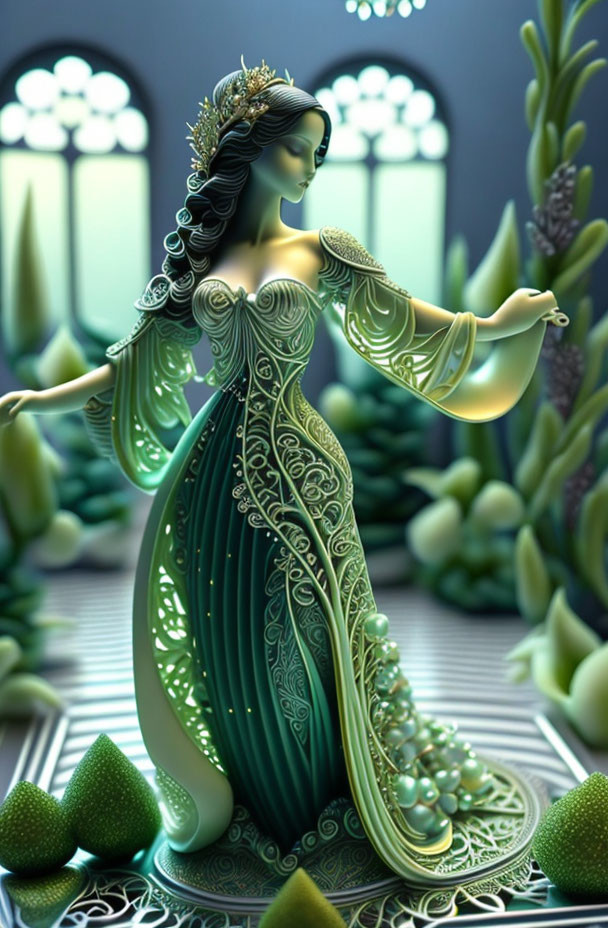 Stylized female figure in intricate green dress amidst fantastical garden