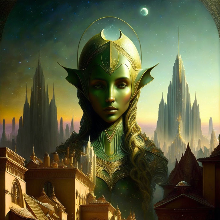 Fantastical cityscape: Elf in golden armor, twilight sky