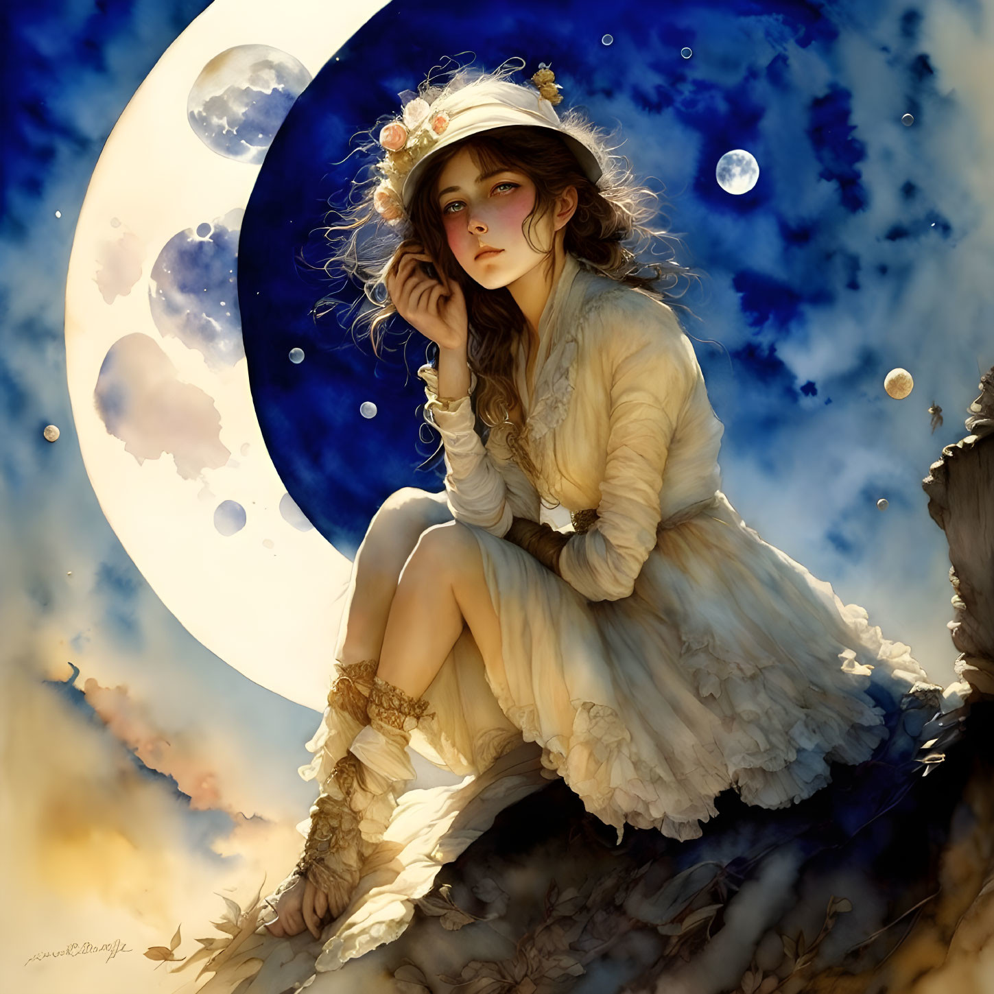 Young woman in cream dress on rock gazes thoughtfully under moon and stars.