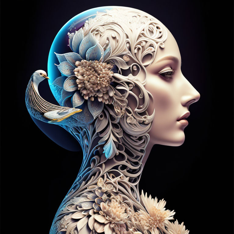 Stylized female profile with floral patterns and bird on dark background