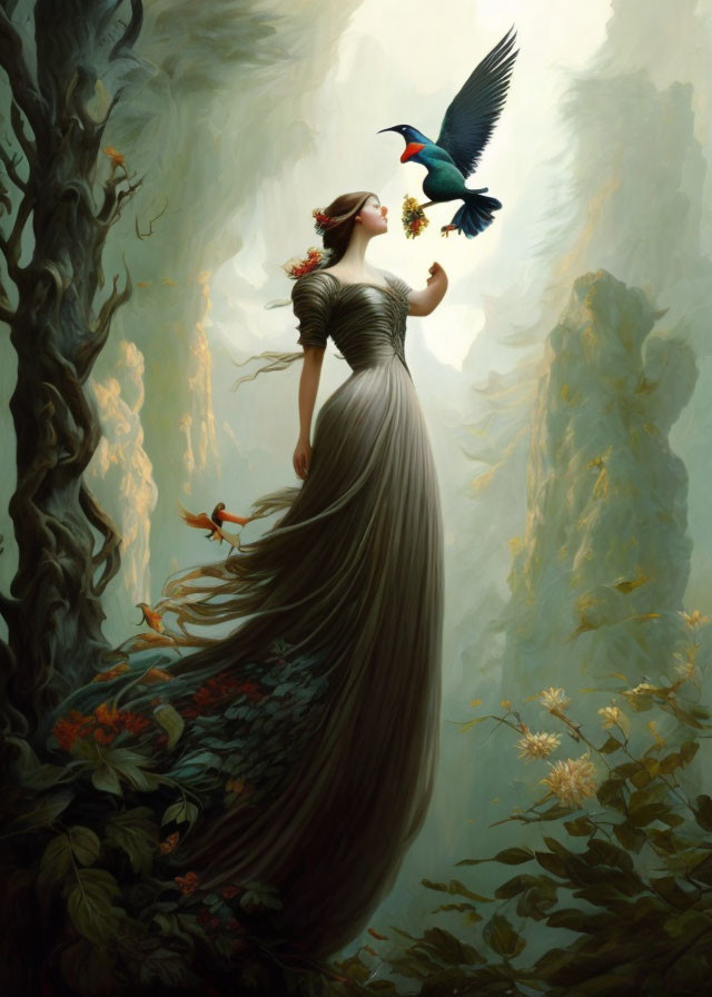 Woman in flowing dress gazes at bird in misty forest surrounded by small birds and flowers