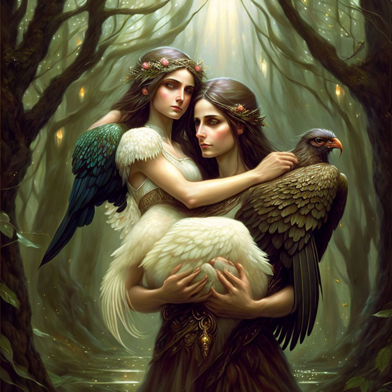 Ethereal women with bird-like wings in forest, one with white dove, other with hawk.