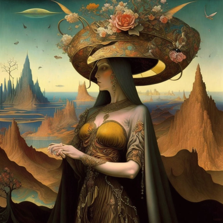 Surreal painting: Woman with wide-brimmed hat in fantastical landscape