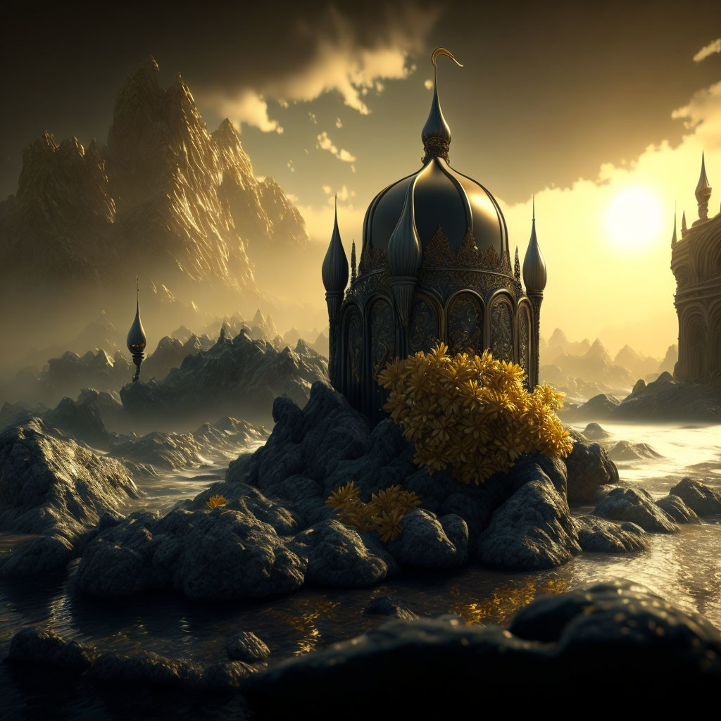 Ethereal palace with domes and spires in rocky terrain at sunset