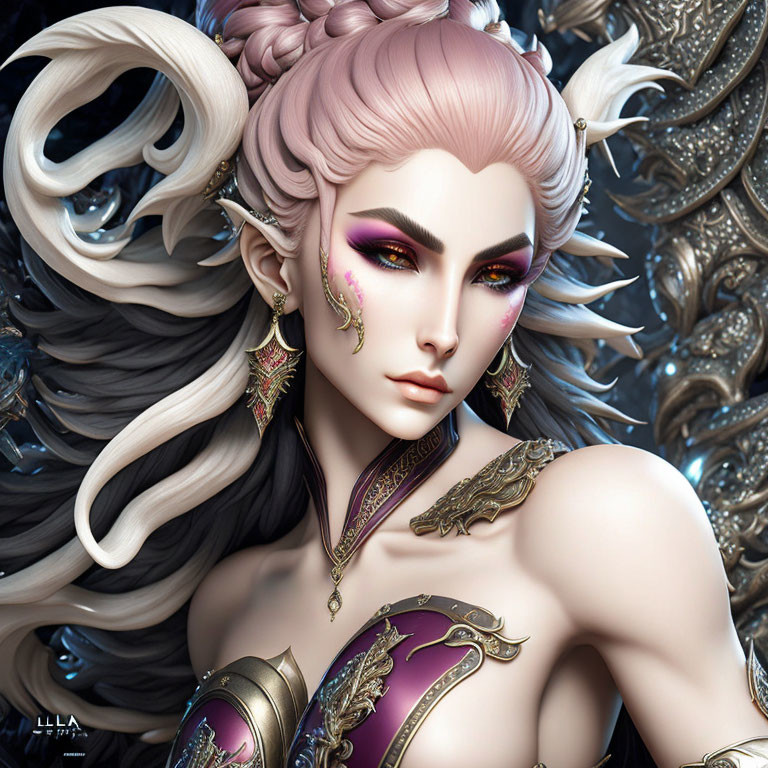 Detailed digital art of fantasy character with pointed ears, golden jewelry, majestic hairstyle